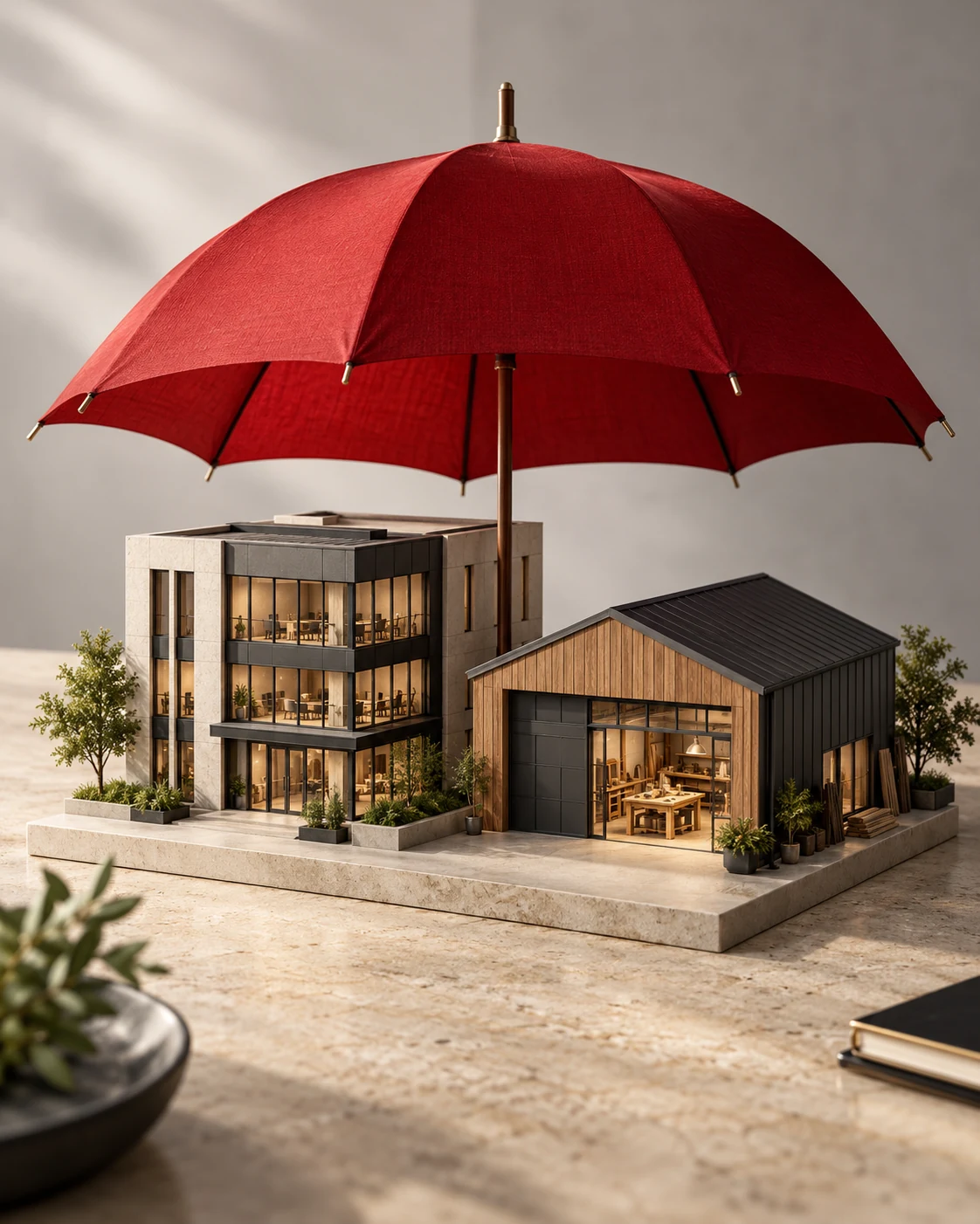 Visuel d’illustration : un parapluie rouge abrite des maquettes de locaux professionnels